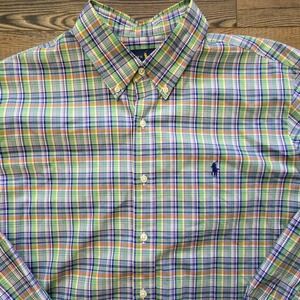Ralph Lauren Shirt Men's L/S Classic Fit Plaid Collared Polo Green Yellow XL